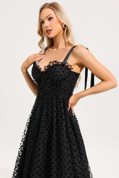 Heart Print Mesh Ruffle Tiered Dress