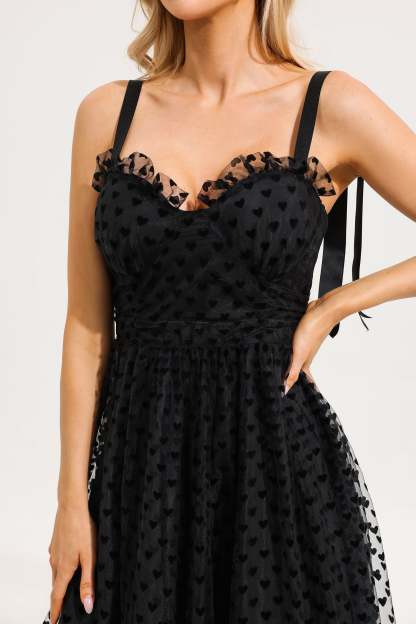 Heart Print Mesh Ruffle Tiered Dress