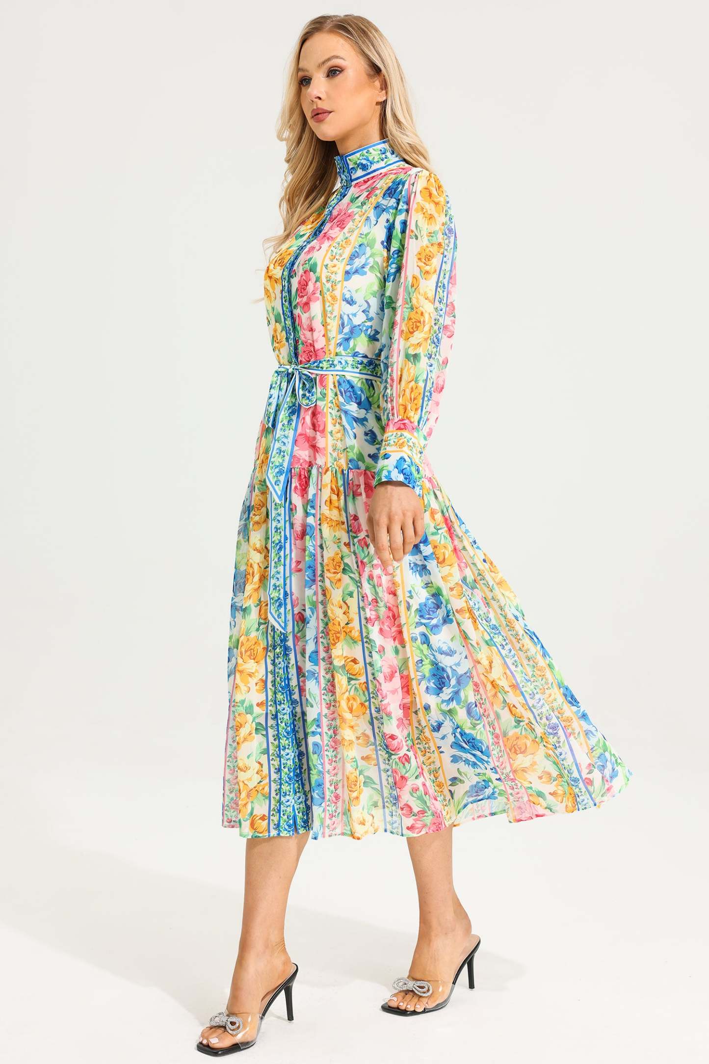 Floral Stand Collar Maxi Dress With Belt