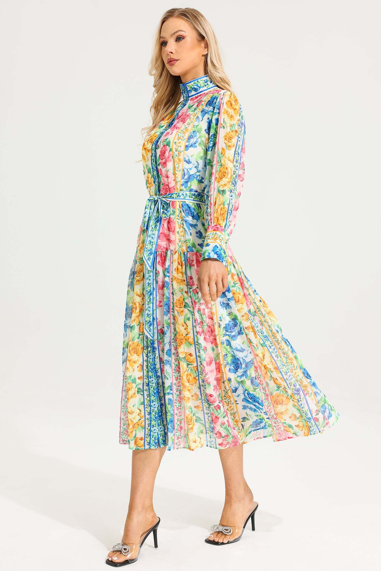 Floral Stand Collar Maxi Dress With Belt