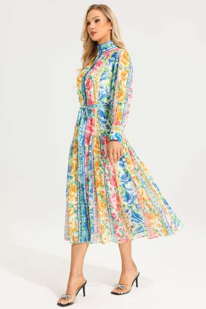 Floral Stand Collar Maxi Dress With Belt