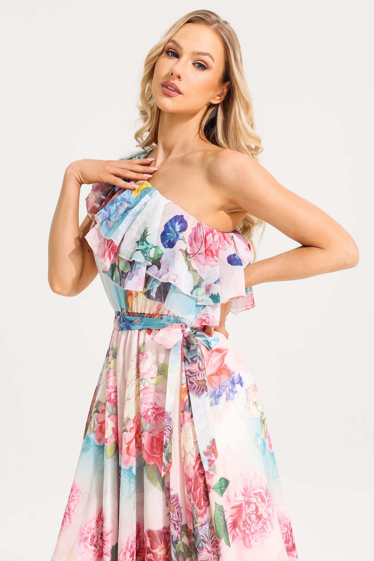 Floral One-Shoulder Ruffle Maxi Dress