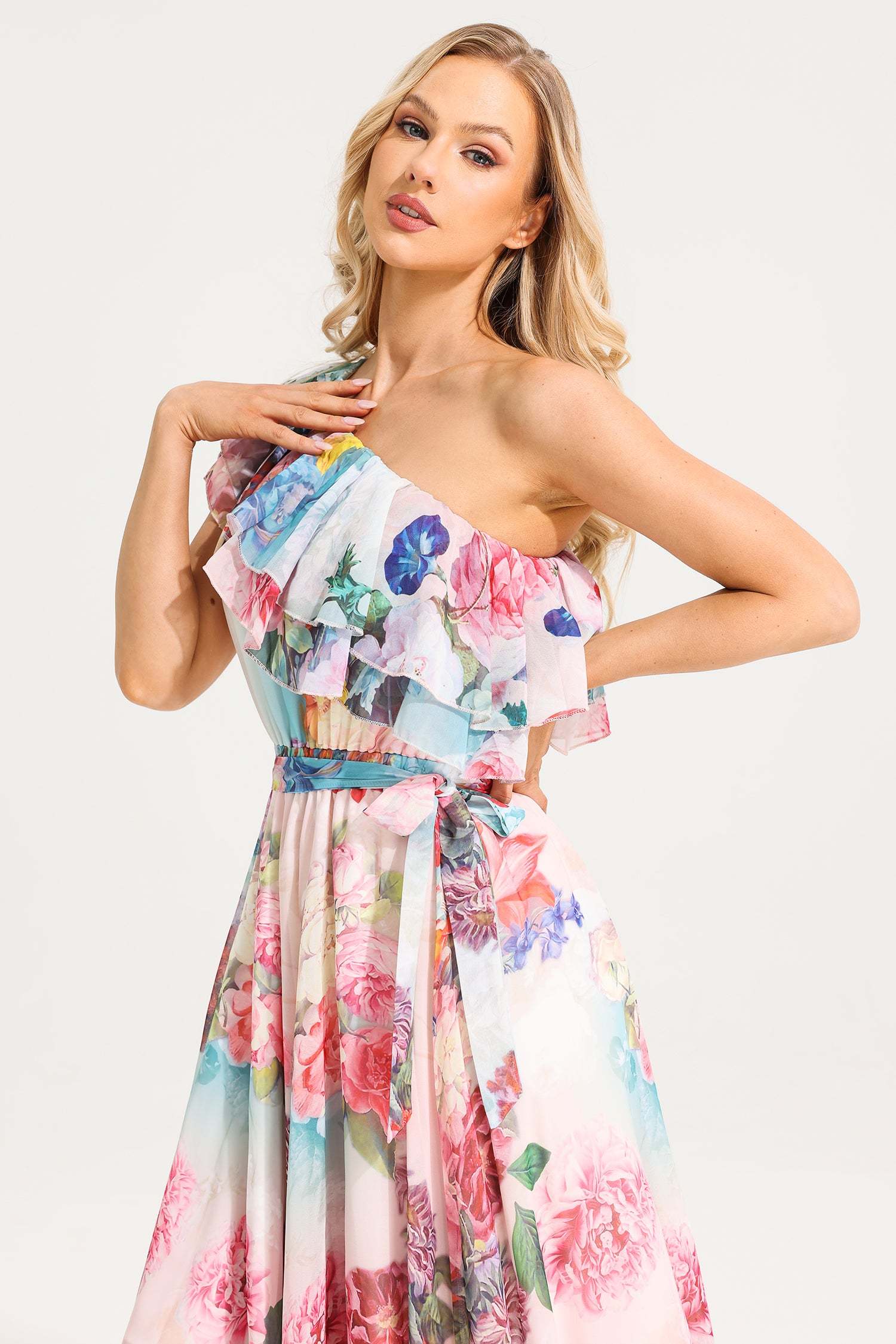 Floral One-Shoulder Ruffle Maxi Dress