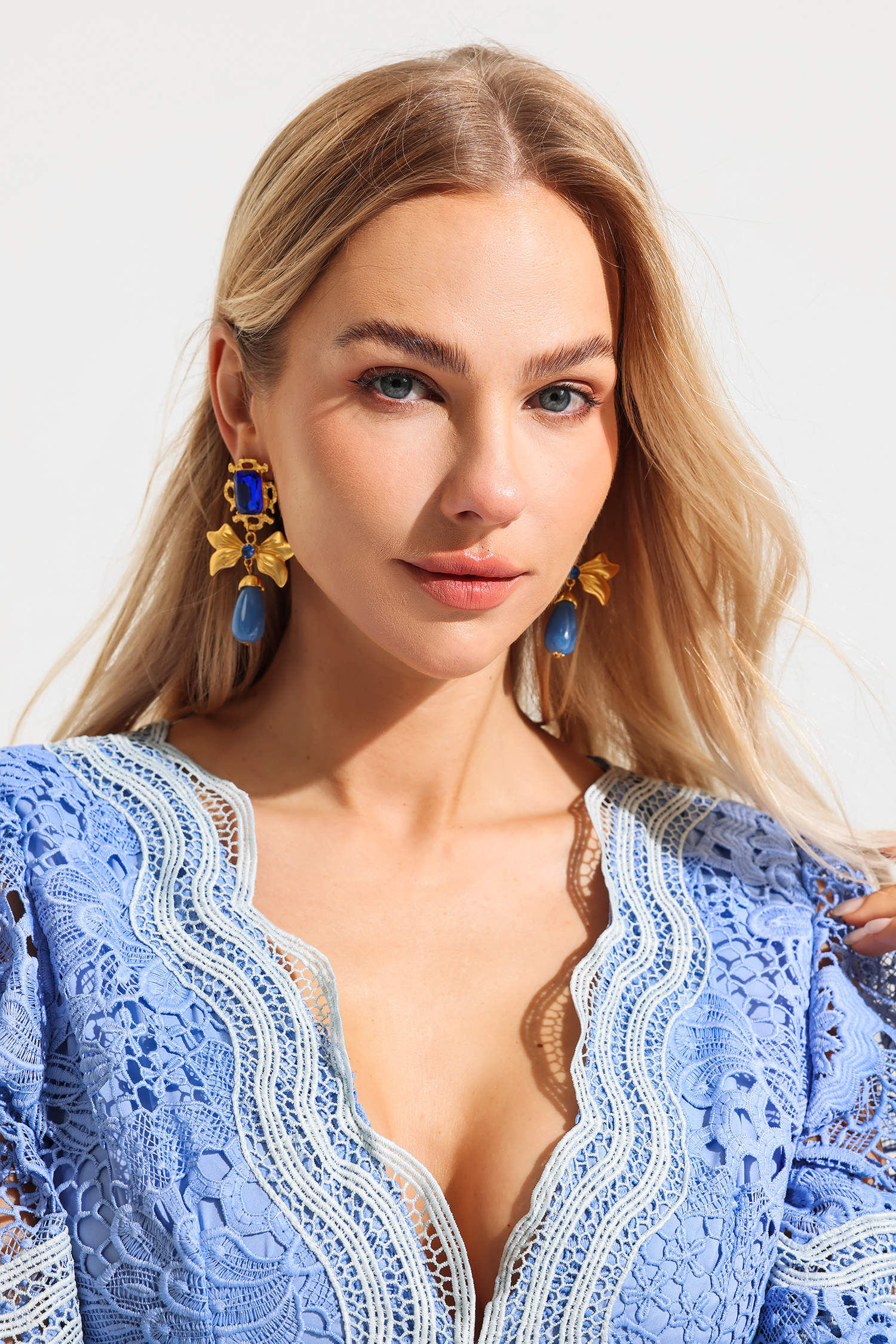 Metal Faux Sapphire Bow Shape Earrings & Necklace