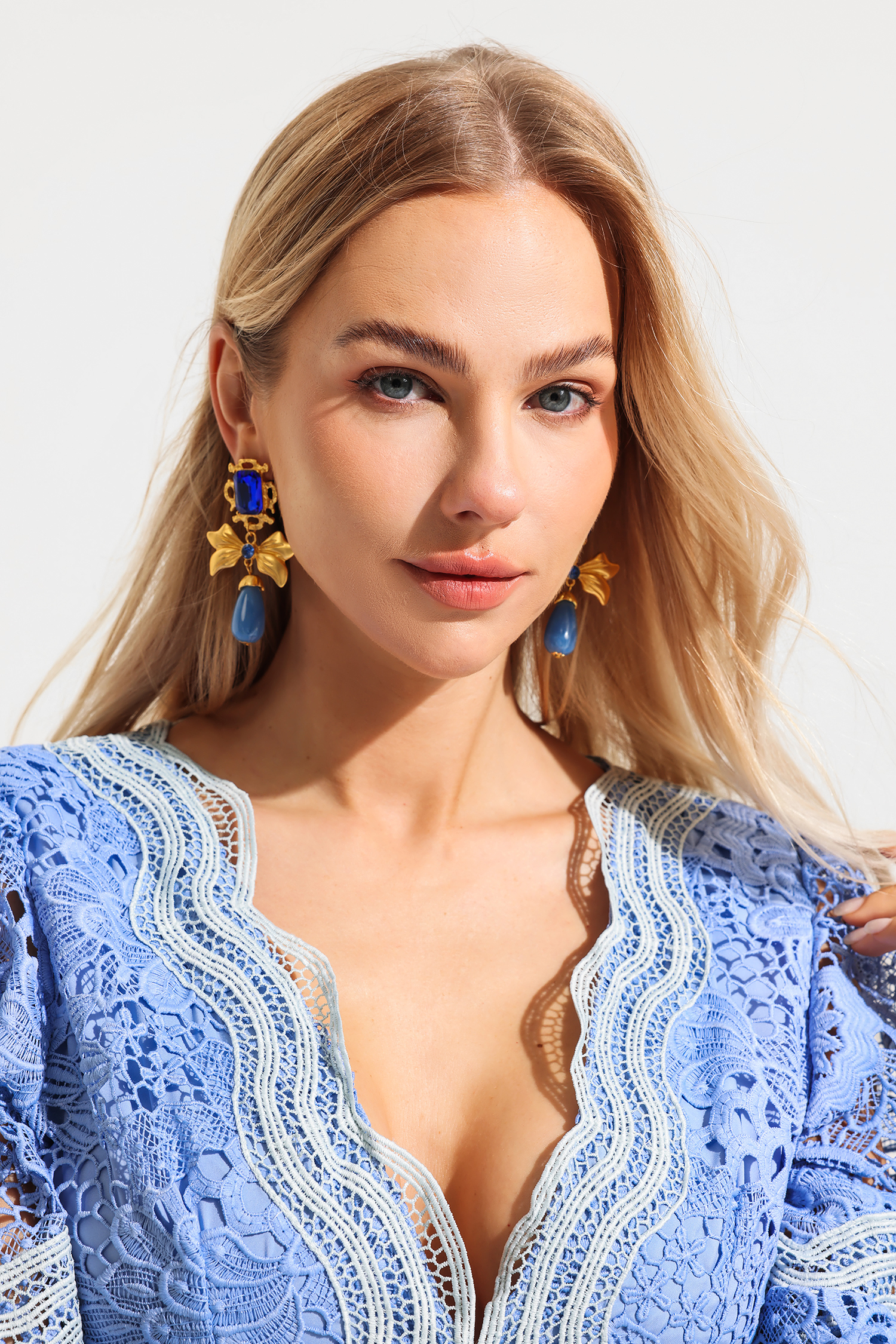 Metal Faux Sapphire Bow Shape Earrings & Necklace