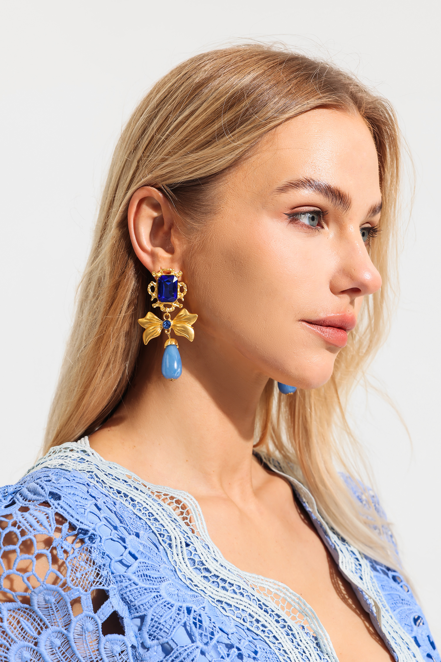 Metal Faux Sapphire Bow Shape Earrings & Necklace