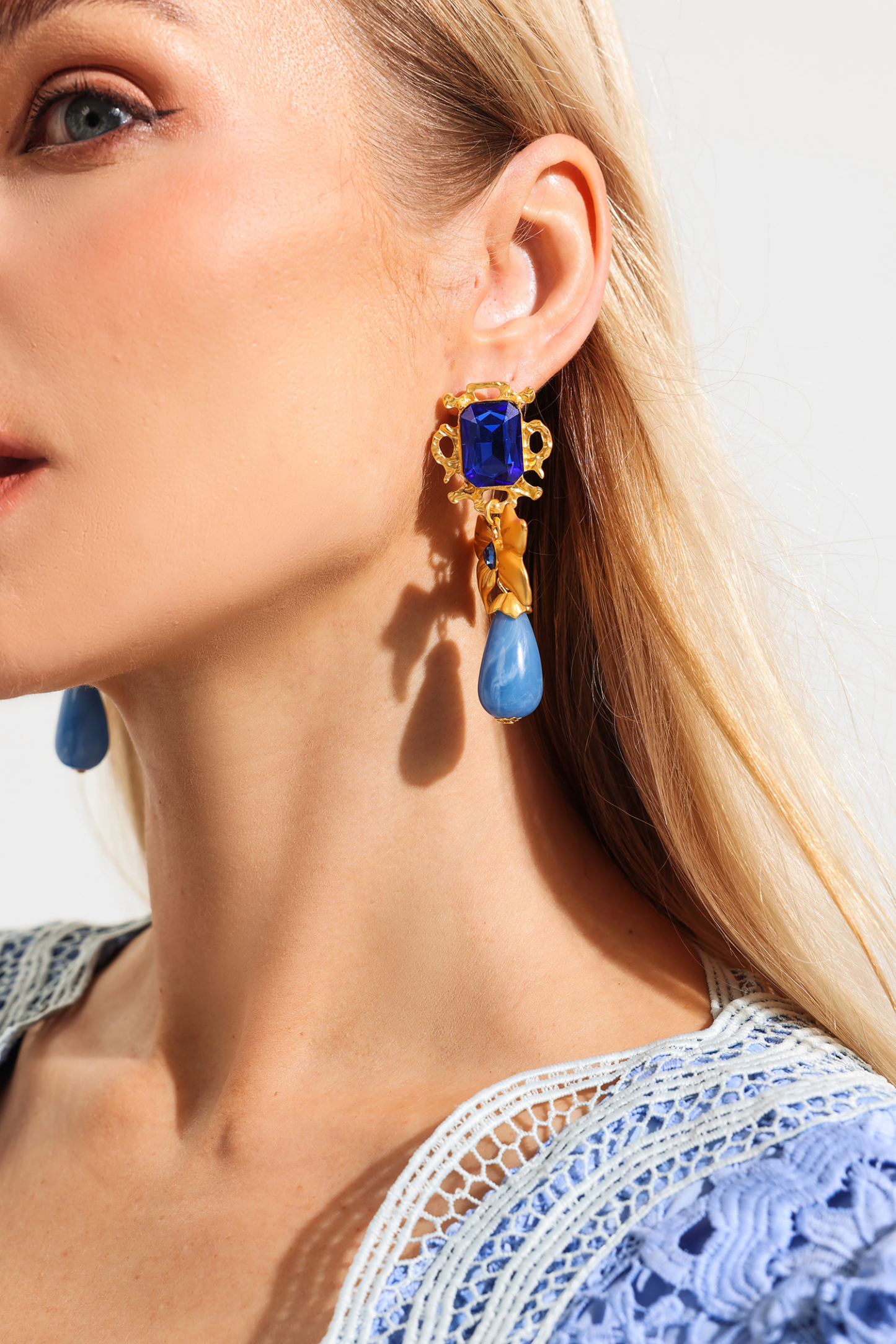 Metal Faux Sapphire Bow Shape Earrings & Necklace