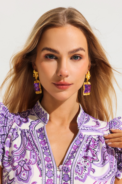 Square Dimentional Purple Acrylic in Gold Tone Earrings & Necklace