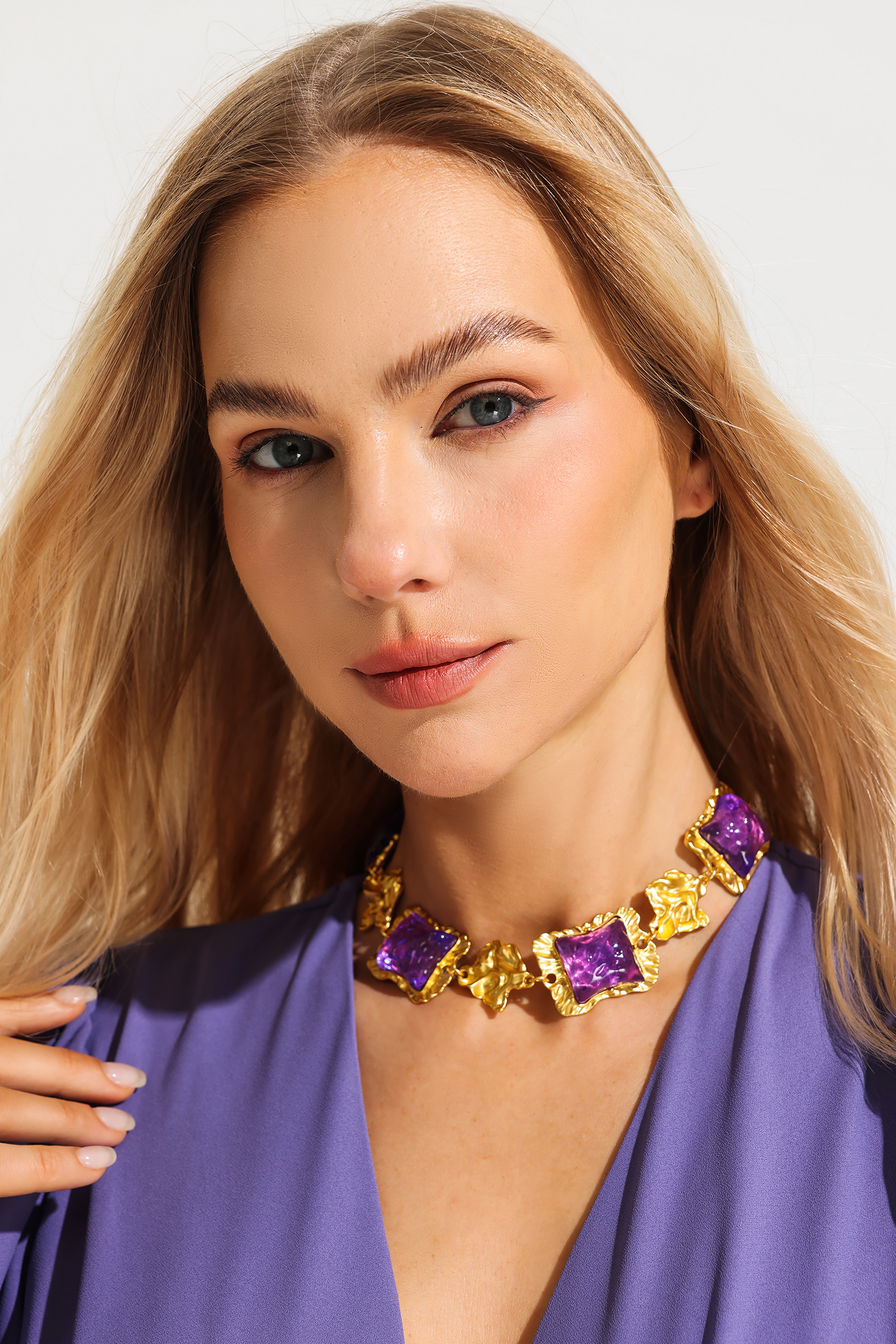 Square Dimentional Purple Acrylic in Gold Tone Earrings & Necklace