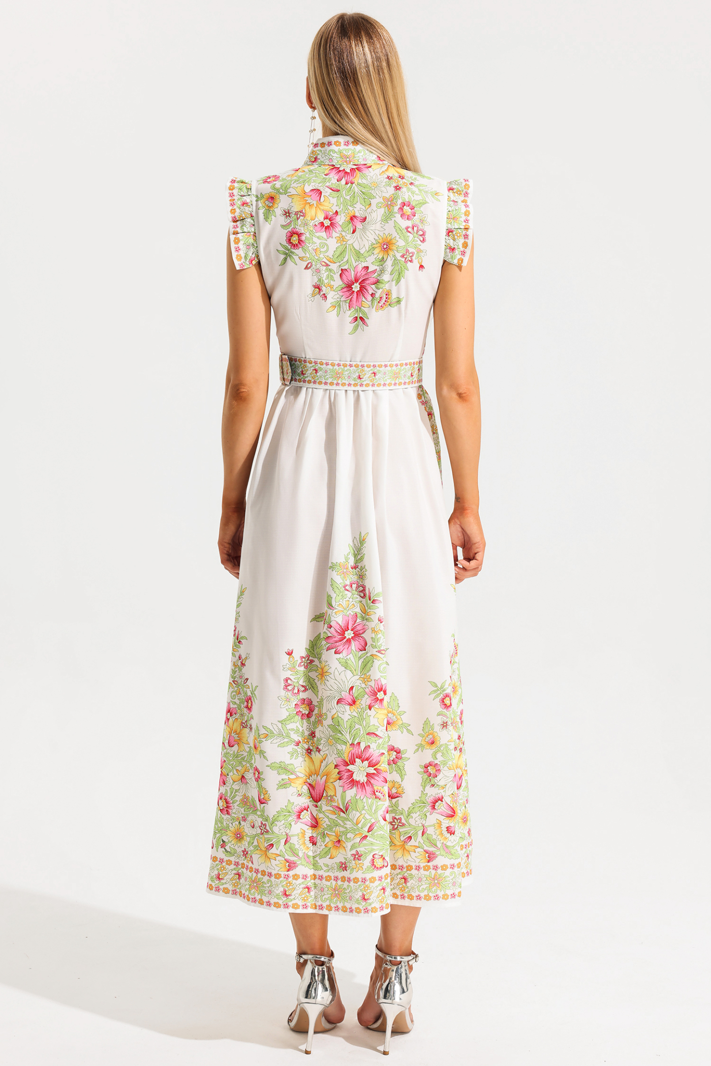 Floral Stand Collar Sleeveless Button With Belt Midi Dress