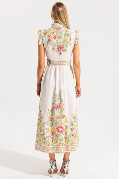Floral Stand Collar Sleeveless Button With Belt Midi Dress