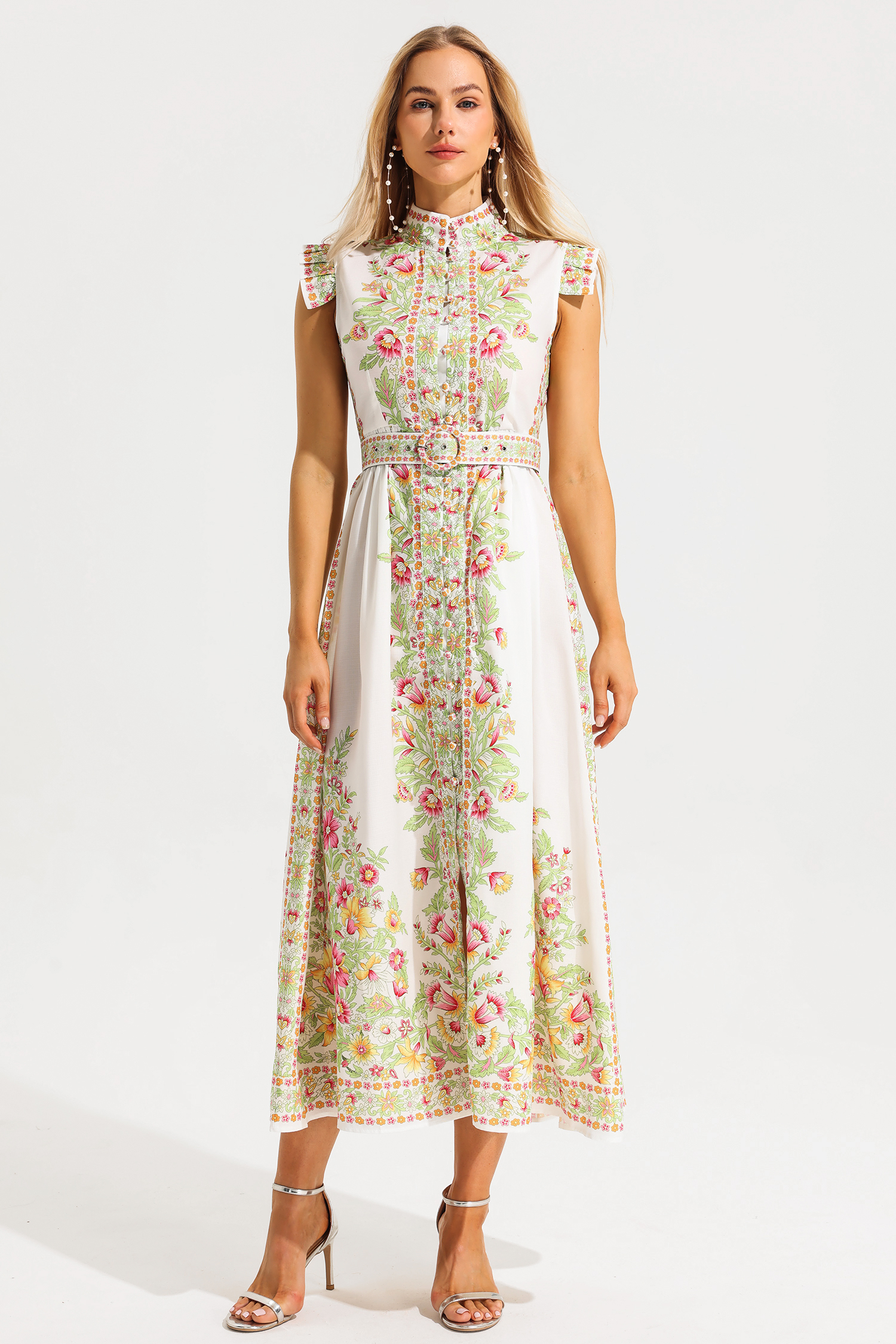 Floral Stand Collar Sleeveless Button With Belt Midi Dress