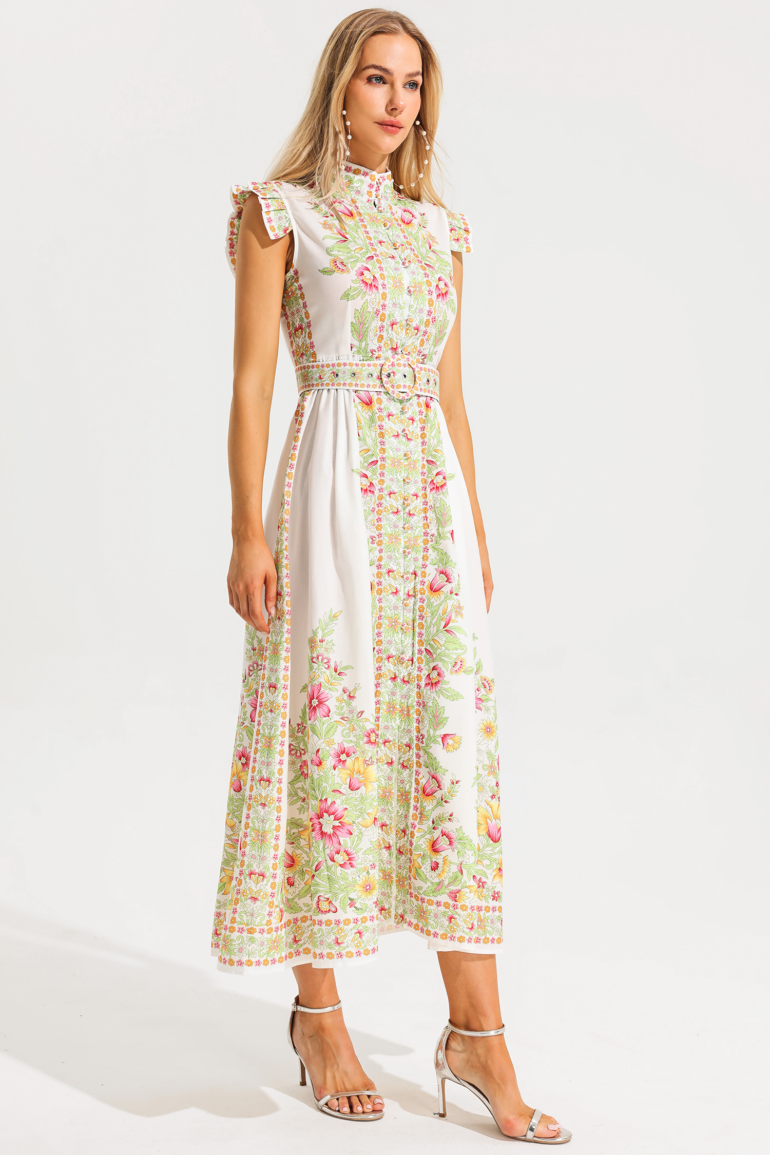 Floral Stand Collar Sleeveless Button With Belt Midi Dress