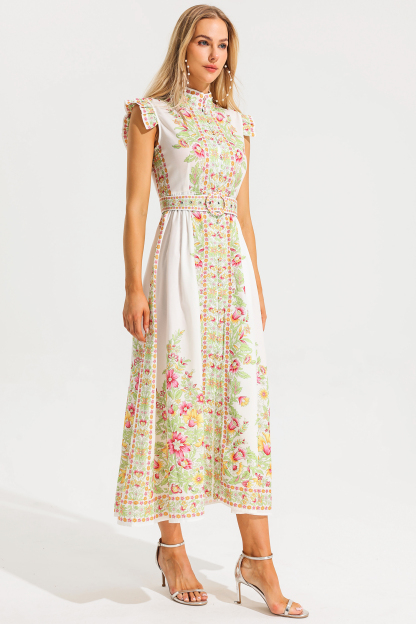 Floral Stand Collar Sleeveless Button With Belt Midi Dress