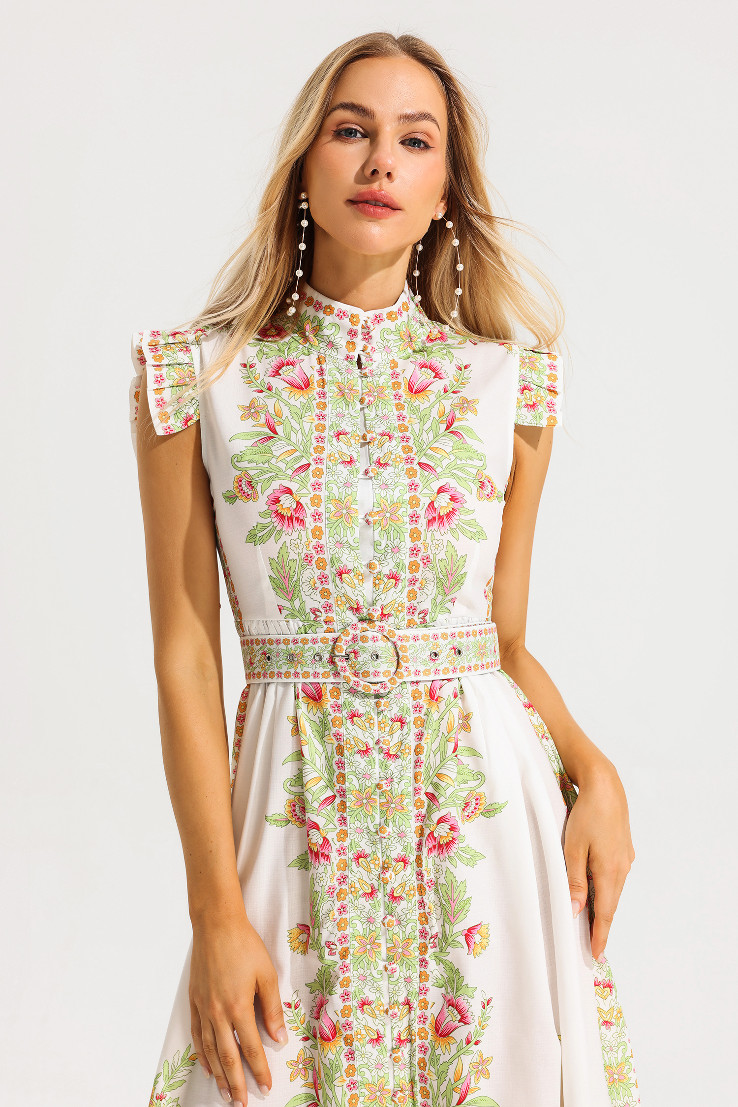 Floral Stand Collar Sleeveless Button With Belt Midi Dress