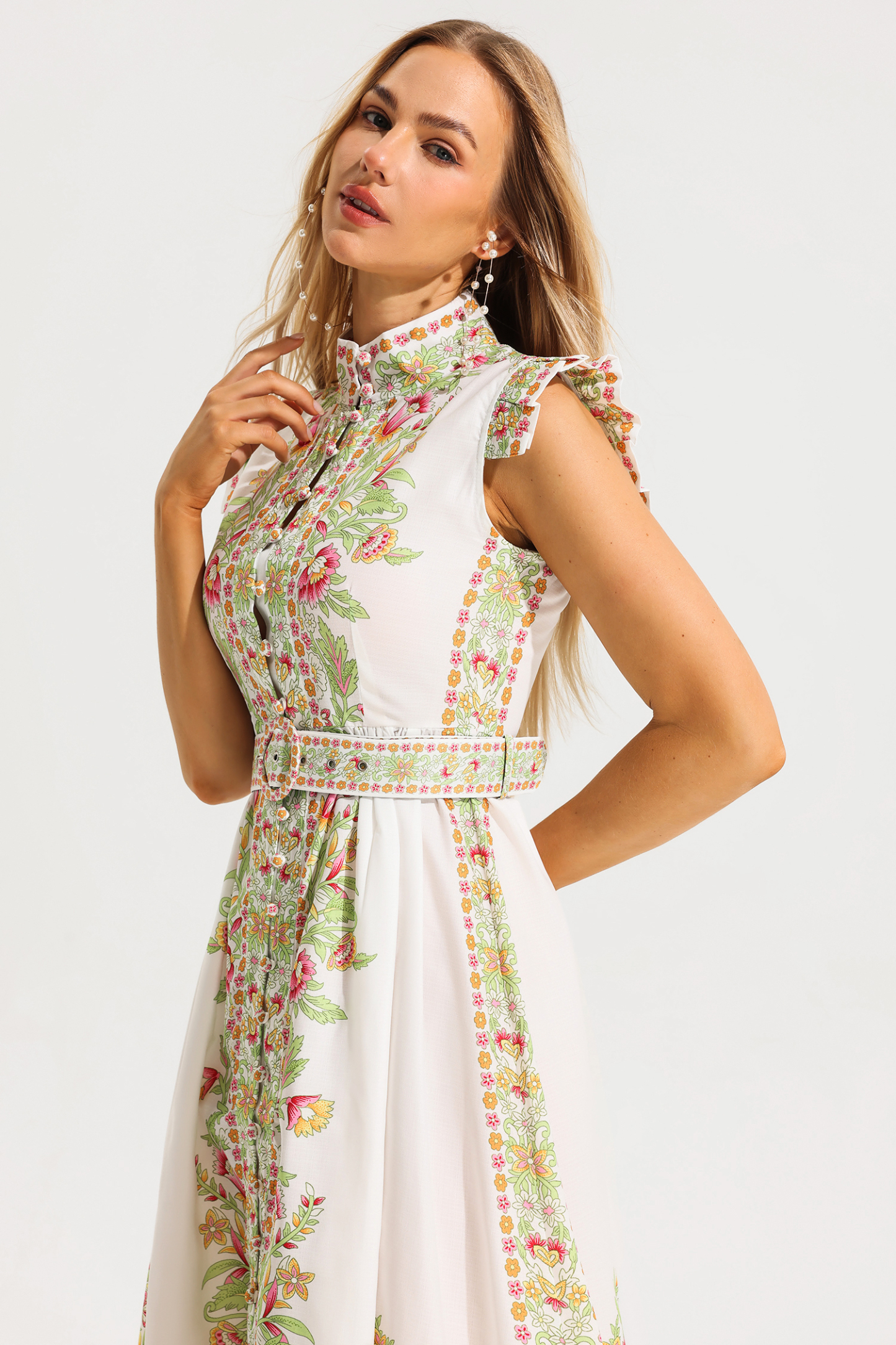 Floral Stand Collar Sleeveless Button With Belt Midi Dress