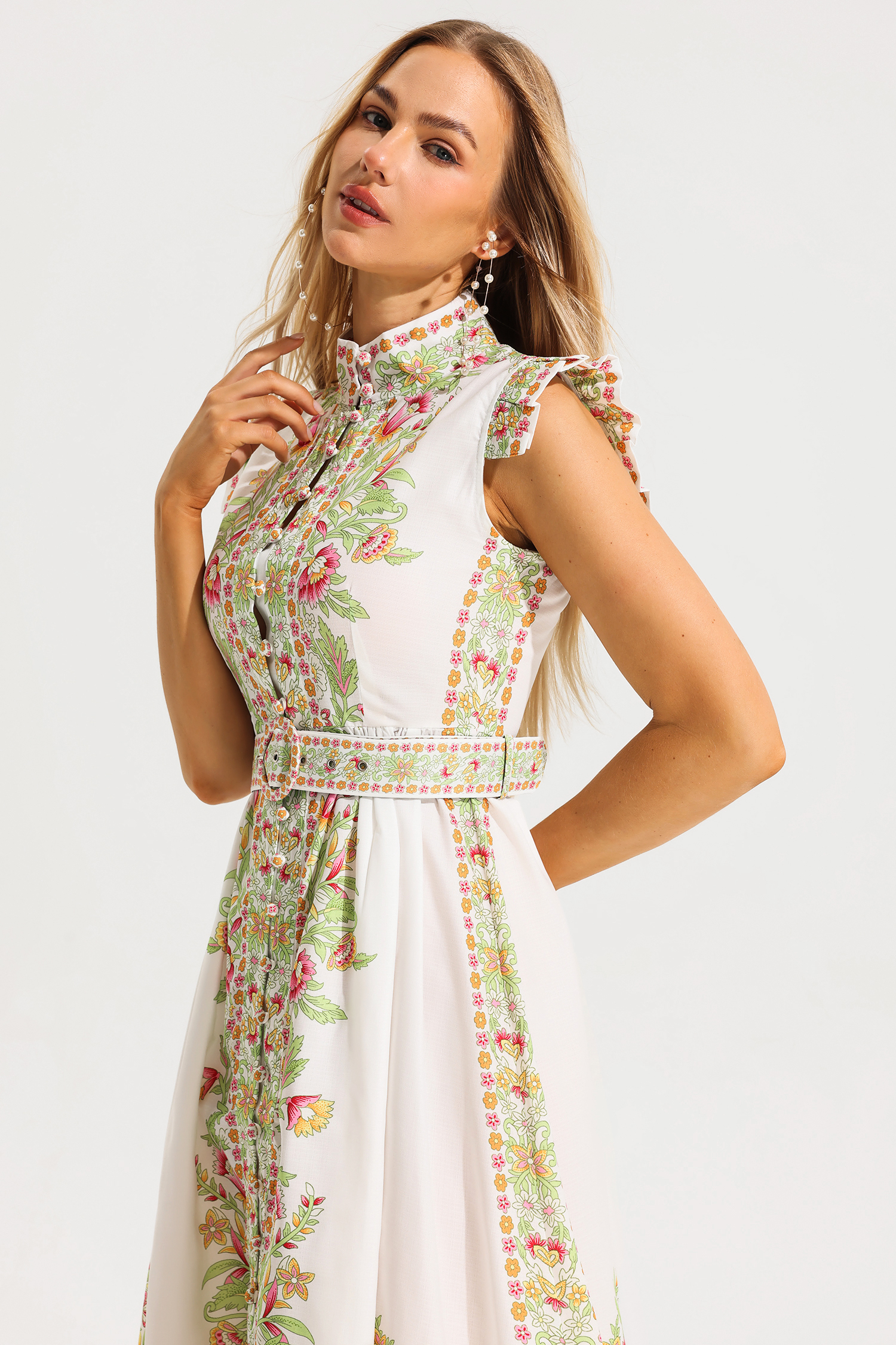 Floral Stand Collar Sleeveless Button With Belt Midi Dress