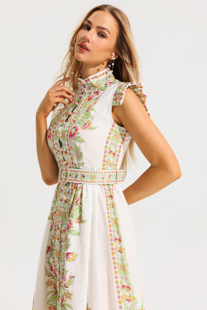 Floral Stand Collar Sleeveless Button With Belt Midi Dress