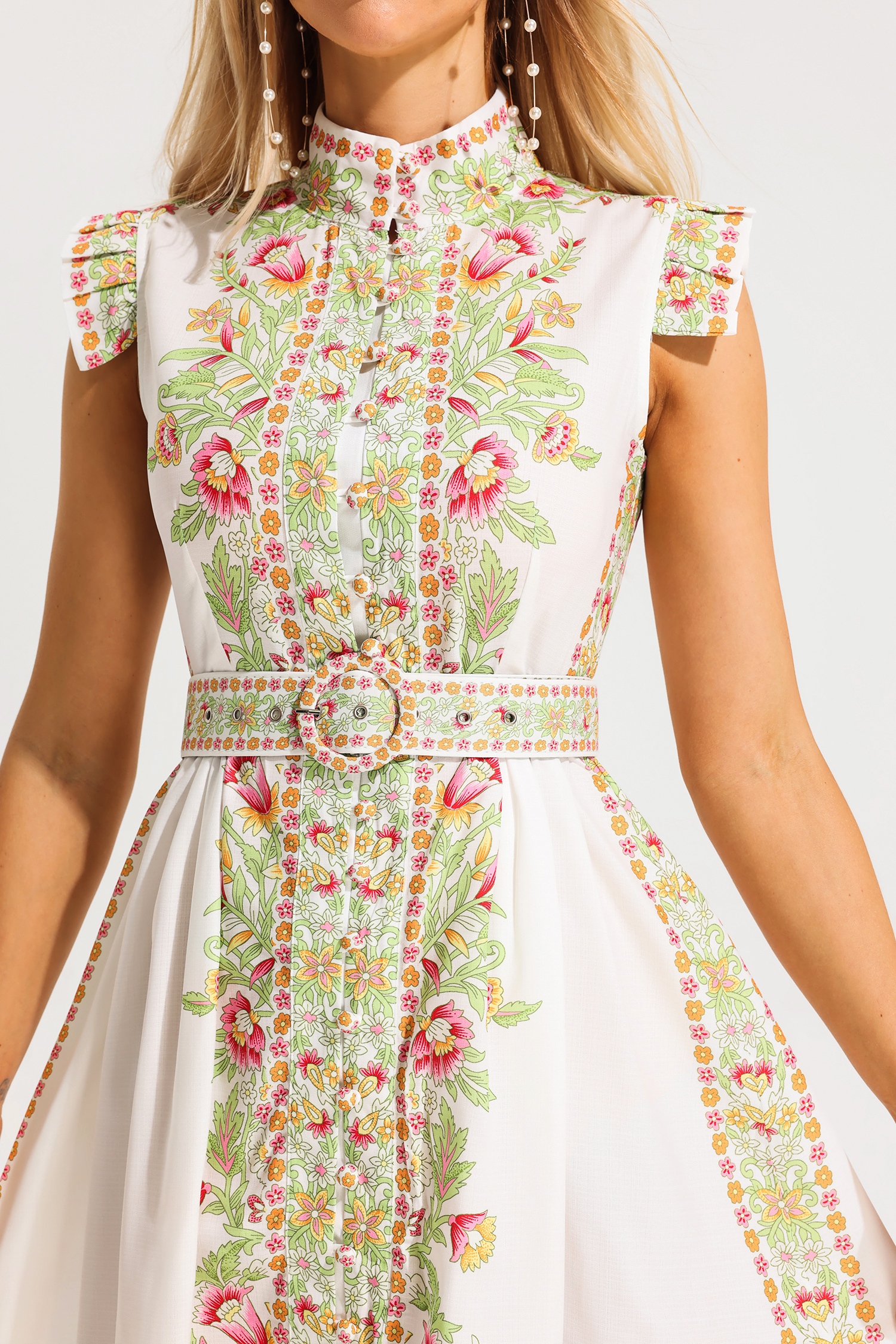 Floral Stand Collar Sleeveless Button With Belt Midi Dress