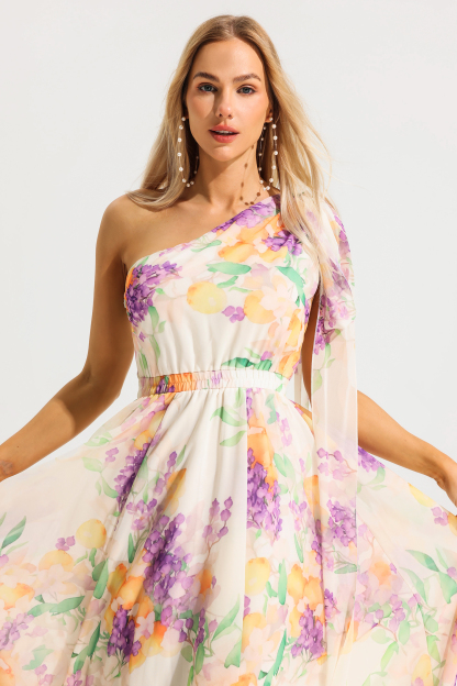 Floral  One Shoulder Sleeveless Hight Waist Maxi Dress