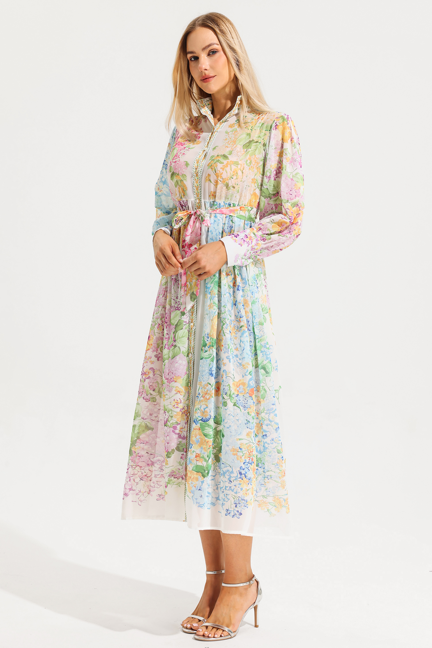 Floral Long Sleeves Midi Dress With Belt