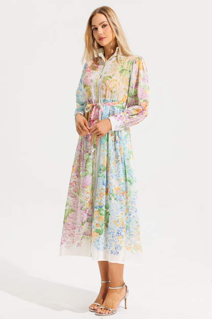 Floral Long Sleeves Midi Dress With Belt