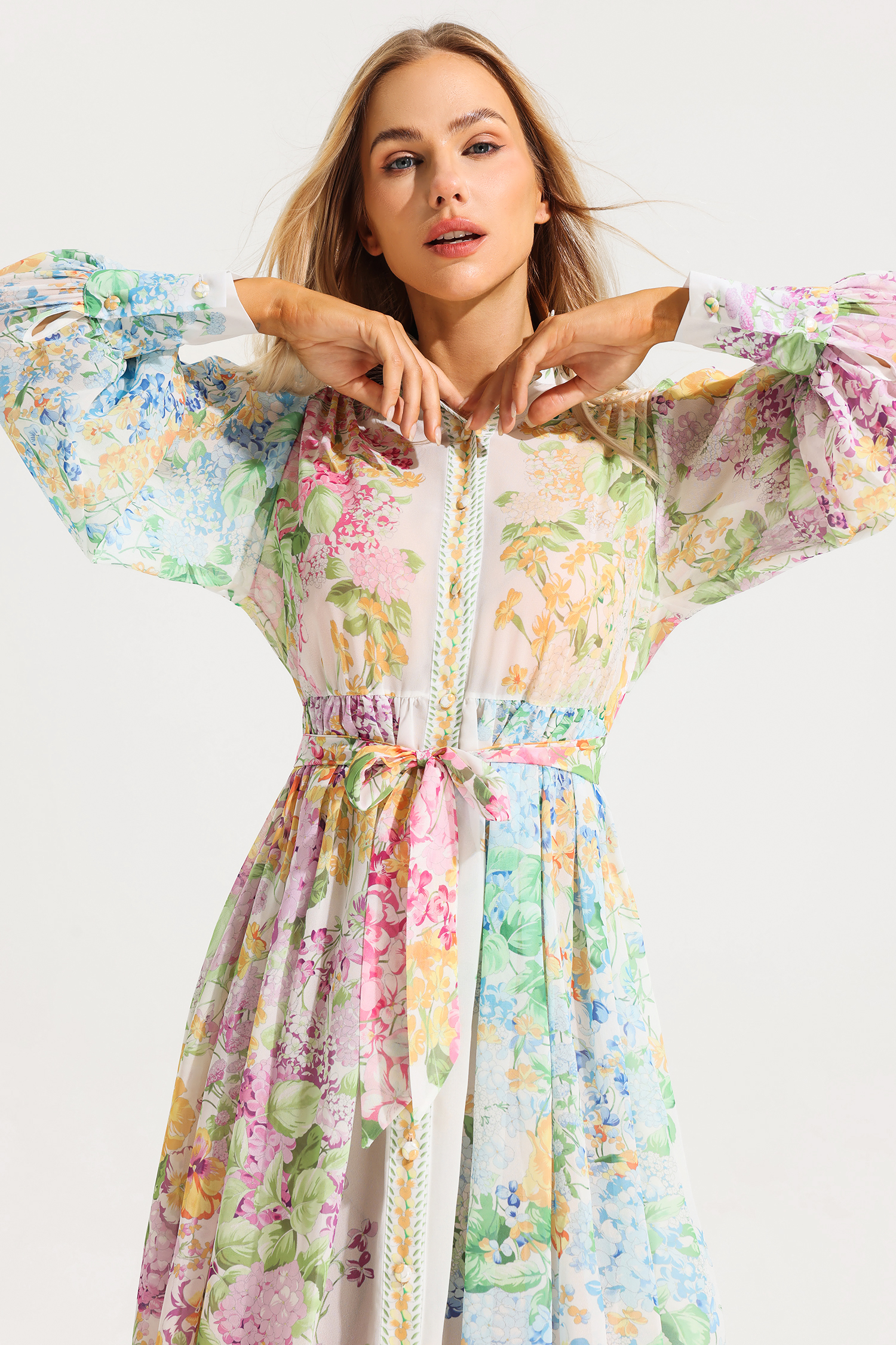 Floral Long Sleeves Midi Dress With Belt