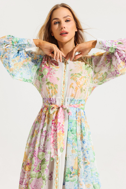 Floral Long Sleeves Midi Dress With Belt