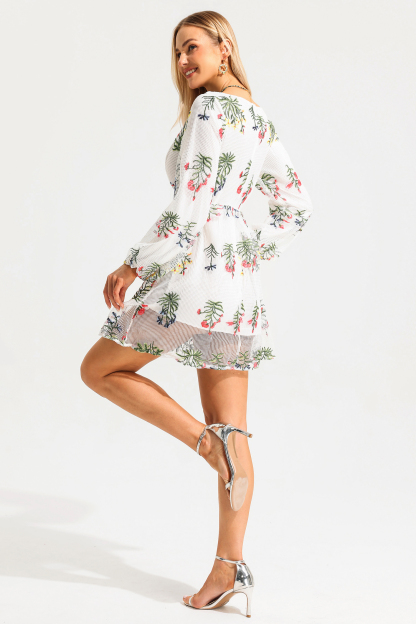 Embroidered Floral Lantern Sleeve V-Neck Mini Dress
