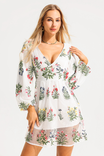 Embroidered Floral Lantern Sleeve V-Neck Mini Dress