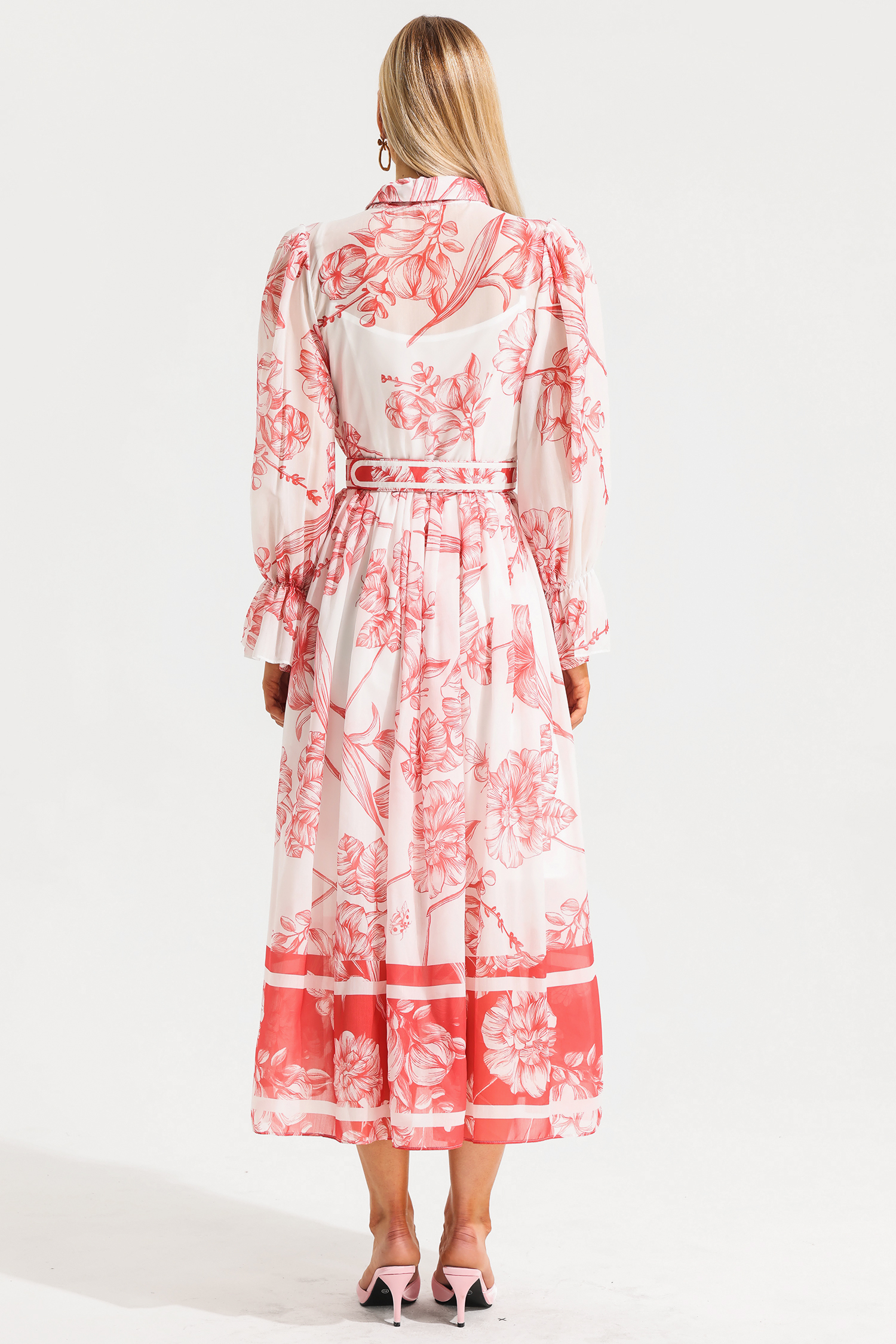 Floral Lantern Sleeve Midi Dress With Belt