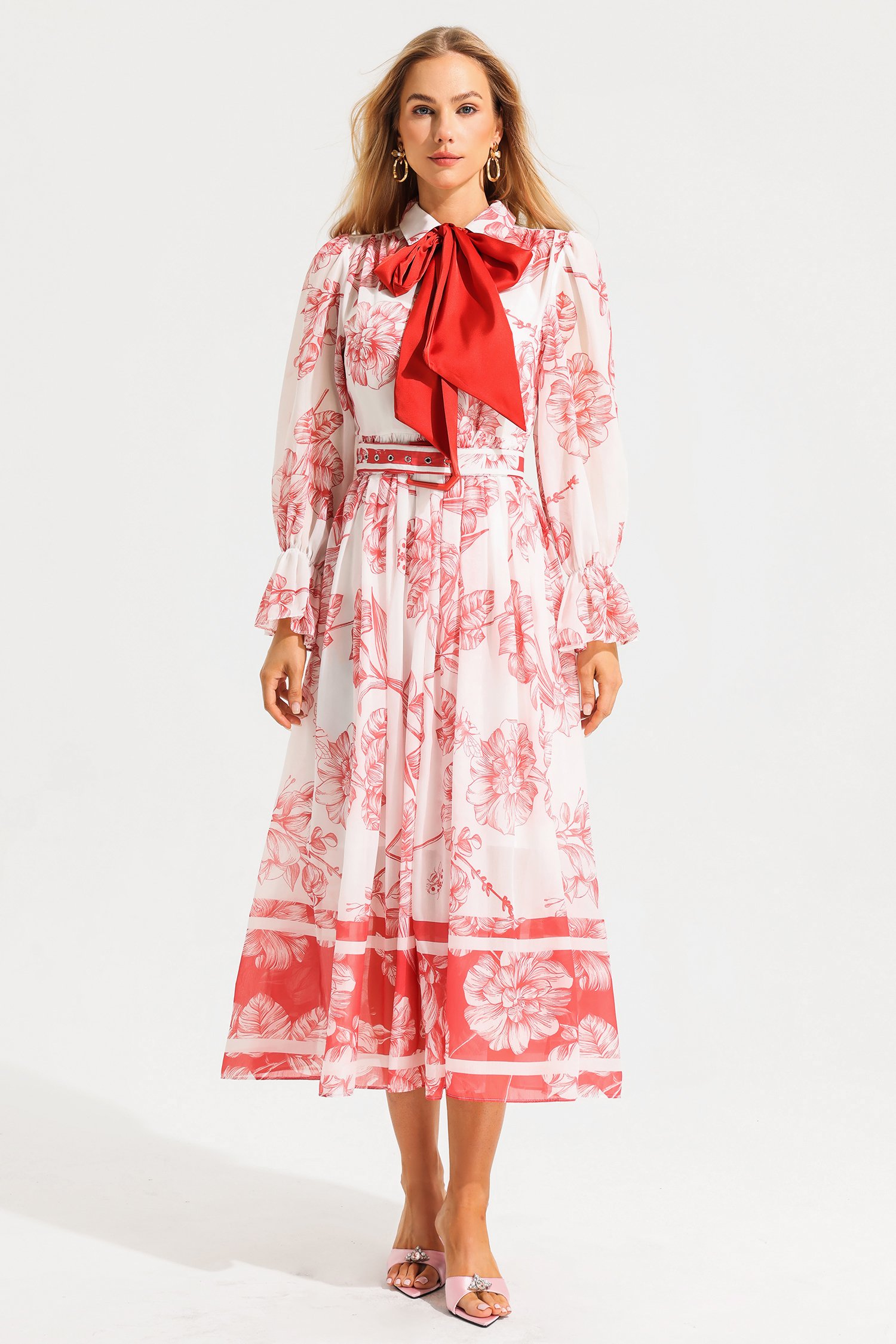 Floral Lantern Sleeve Midi Dress With Belt