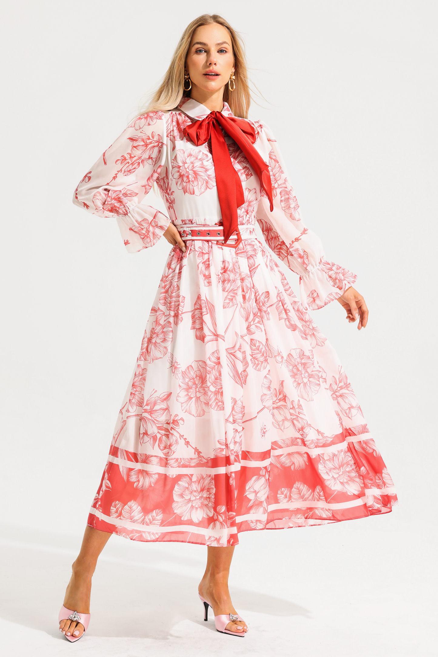 Floral Lantern Sleeve Midi Dress With Belt