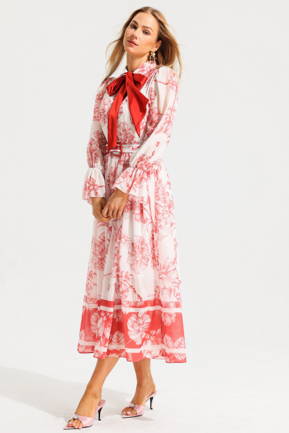 Floral Lantern Sleeve Midi Dress With Belt