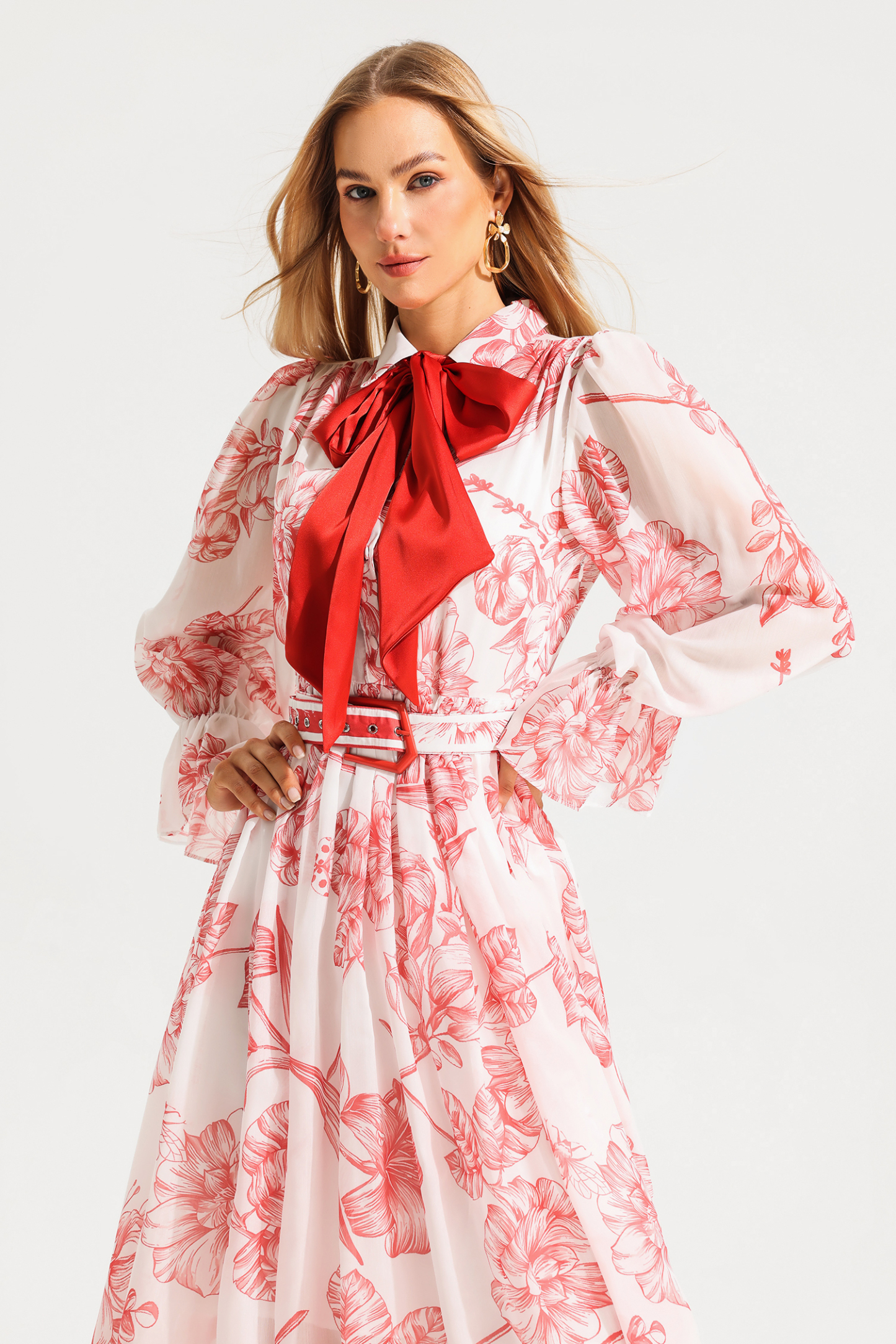 Floral Lantern Sleeve Midi Dress With Belt