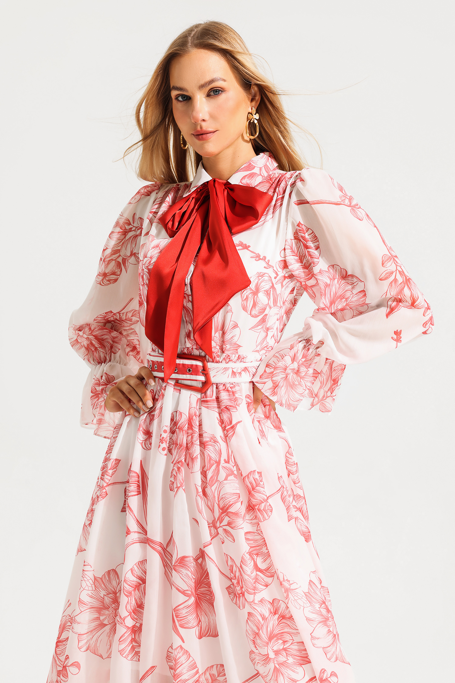 Floral Lantern Sleeve Midi Dress With Belt