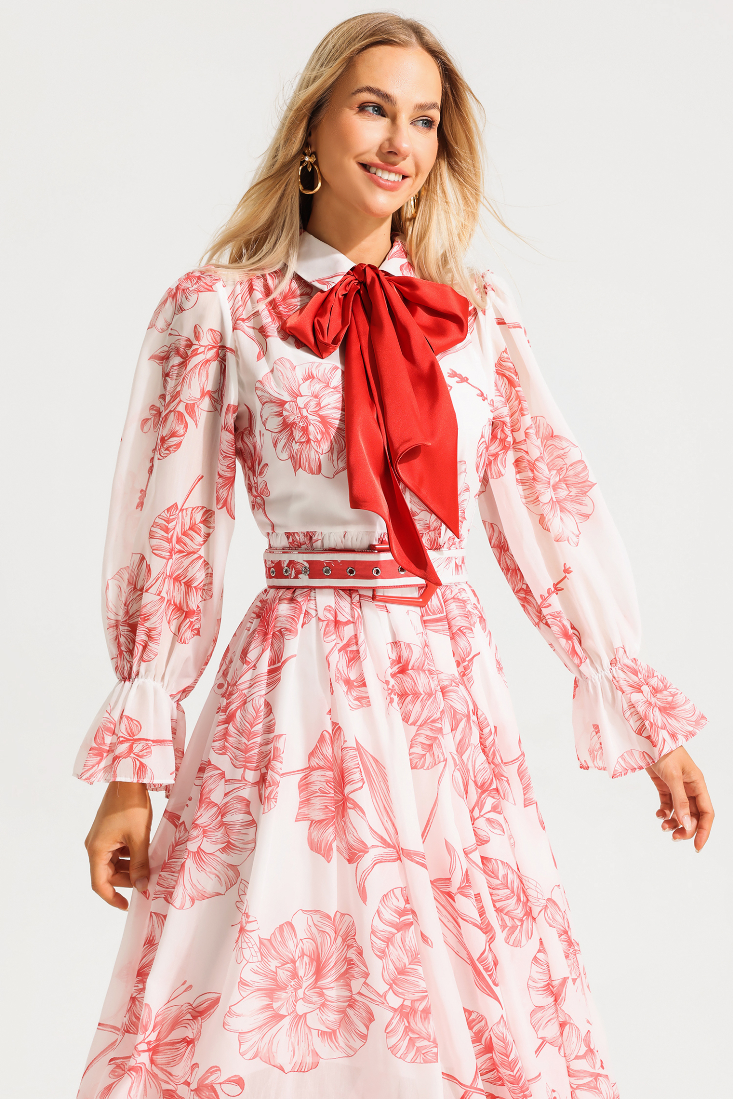 Floral Lantern Sleeve Midi Dress With Belt