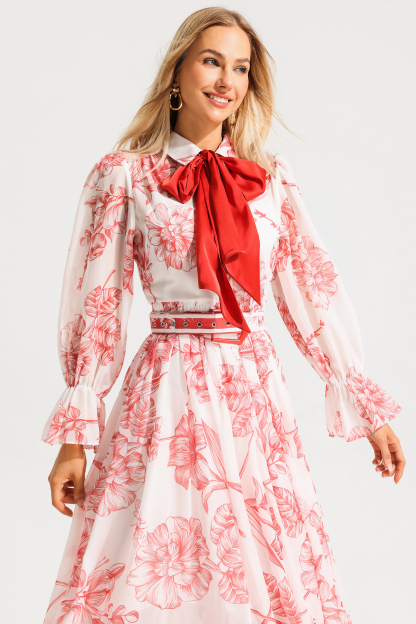 Floral Lantern Sleeve Midi Dress With Belt