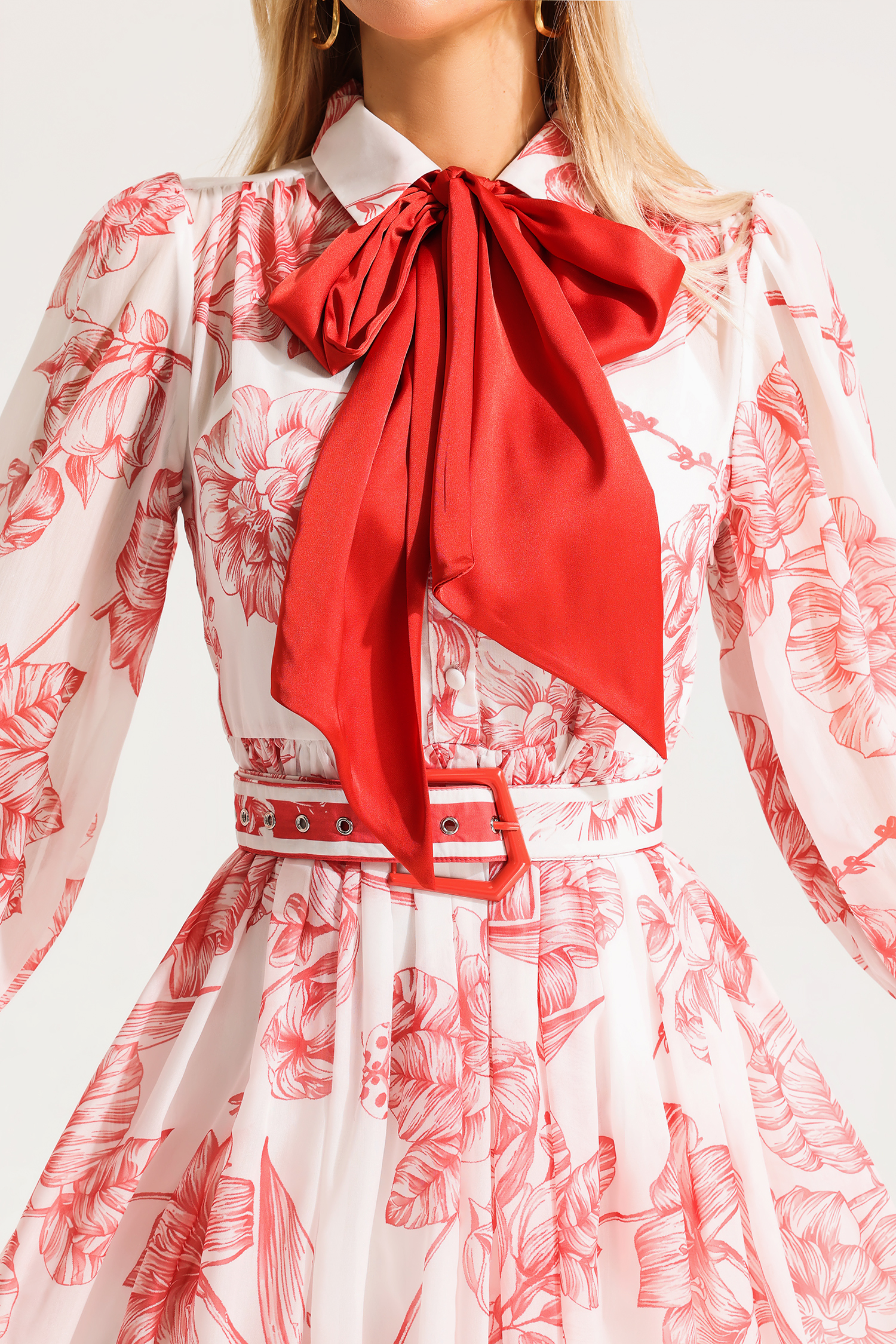 Floral Lantern Sleeve Midi Dress With Belt