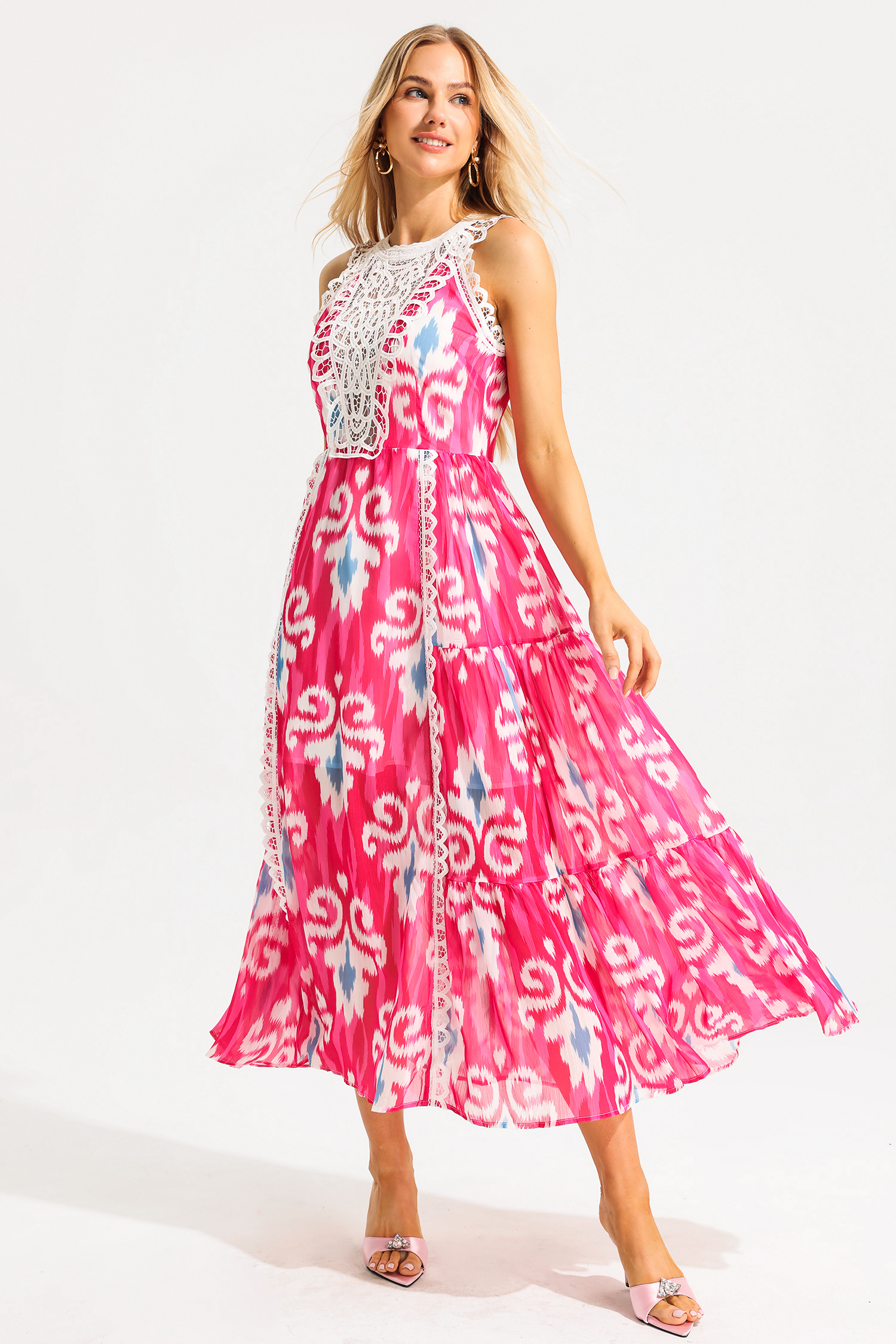 Lace Abstract Print Sleeveless Round Neck Midi Dress