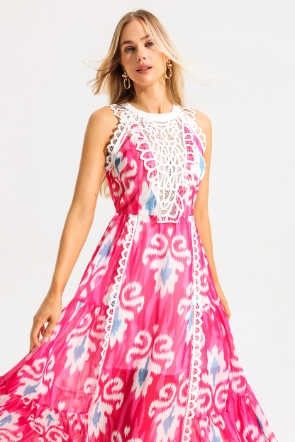 Lace Abstract Print Sleeveless Round Neck Midi Dress