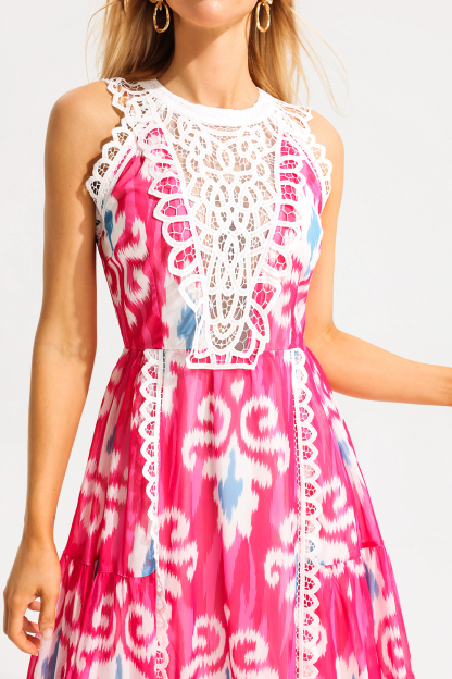 Lace Abstract Print Sleeveless Round Neck Midi Dress