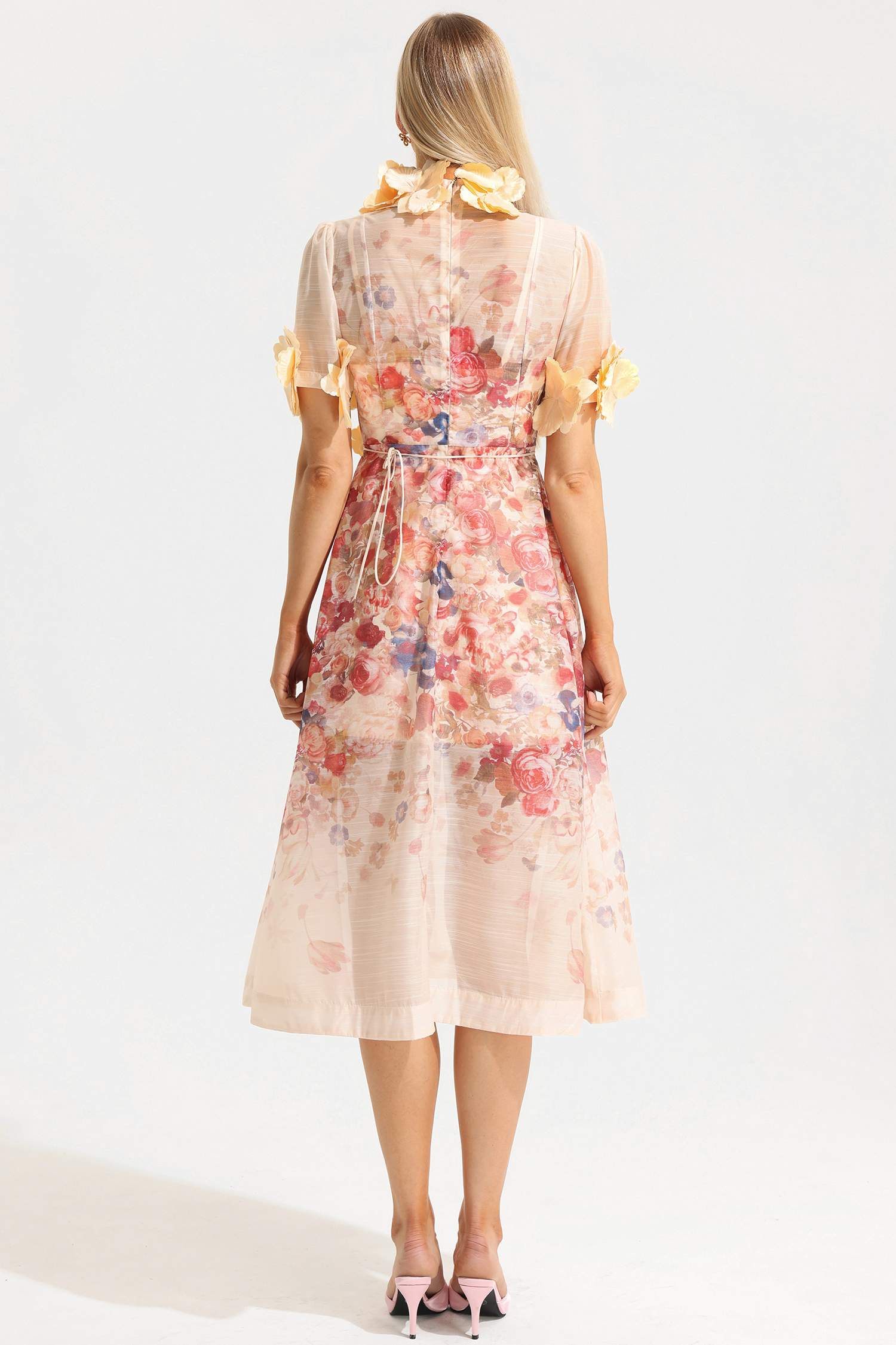 Floral Round Neck Lace Up Short Sleeve Midi Dress