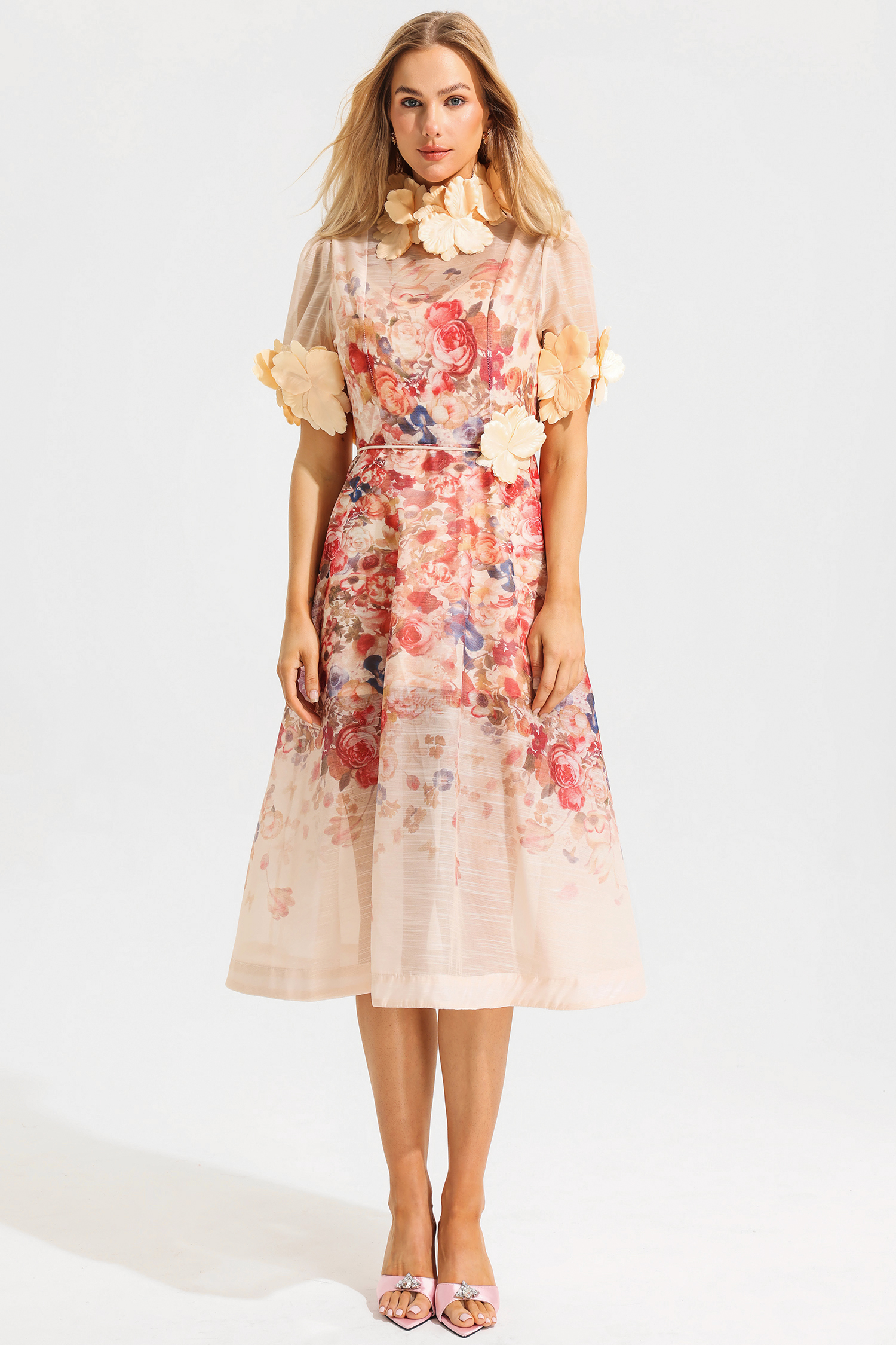 Floral Round Neck Lace Up Short Sleeve Midi Dress