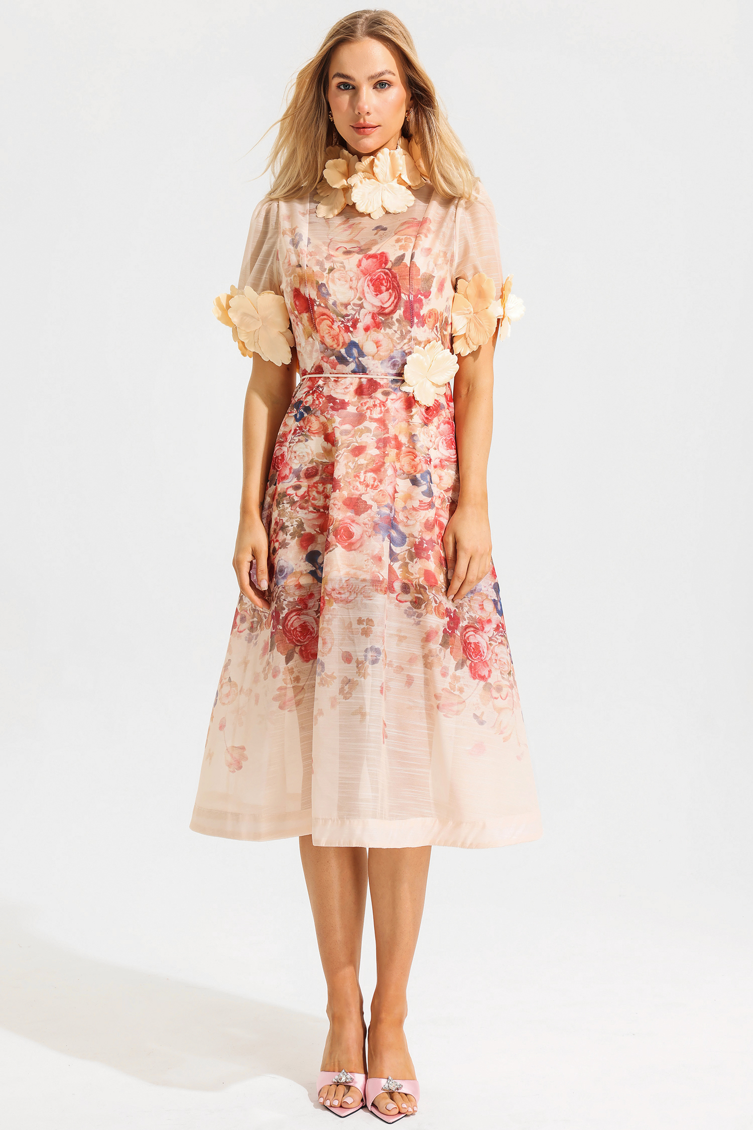 Floral Round Neck Lace Up Short Sleeve Midi Dress