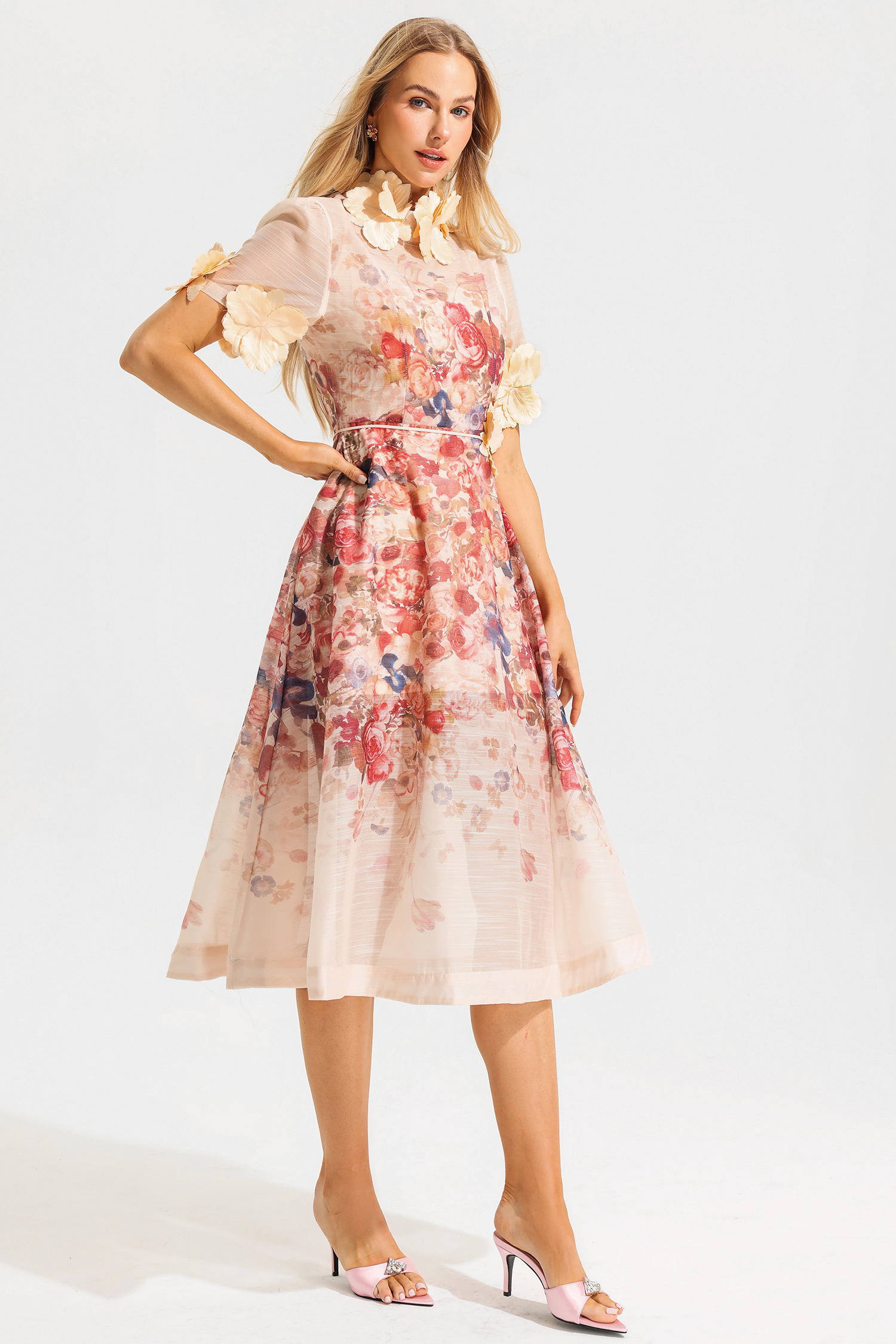 Floral Round Neck Lace Up Short Sleeve Midi Dress