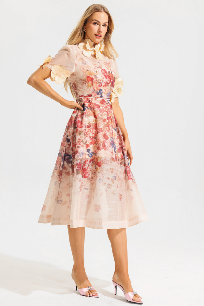 Floral Round Neck Lace Up Short Sleeve Midi Dress