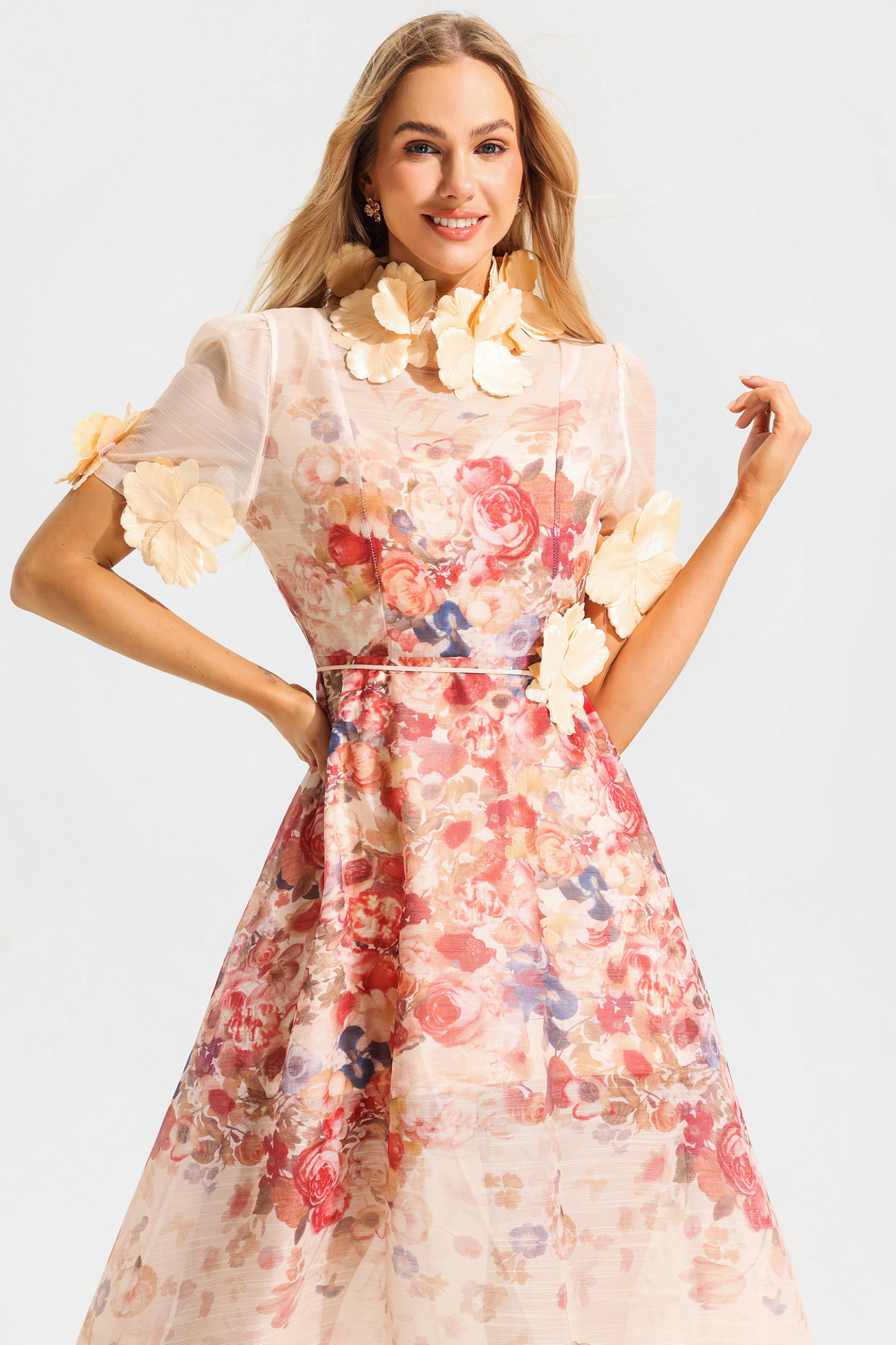 Floral Round Neck Lace Up Short Sleeve Midi Dress