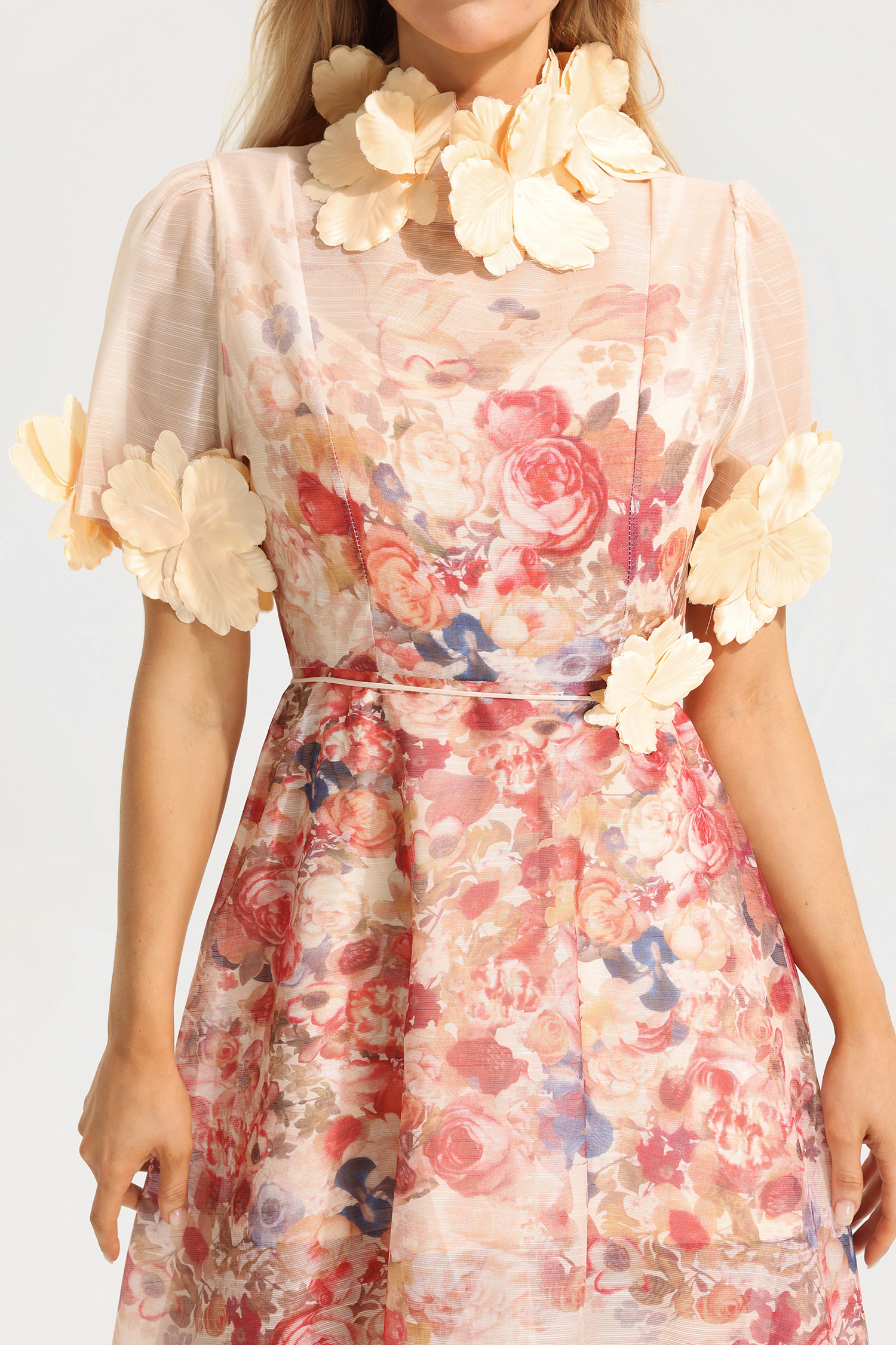 Floral Round Neck Lace Up Short Sleeve Midi Dress