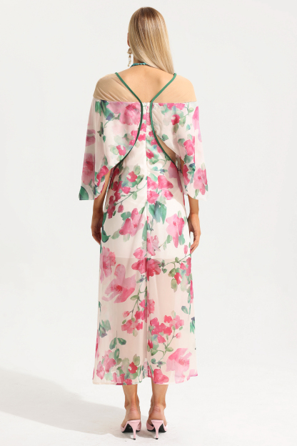 Floral V-Neck Lantern Sleeve Splicing Midi Dress